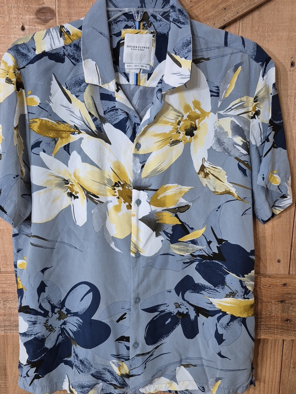 Denim & Flower Men's Short Sleeve Floral Shirt in Gray, Yellow & Navy